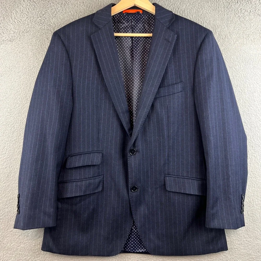 Tallia Mens Blue Pinstripe Blazer Two Button Sport Coat Polka Dot Lining 40R